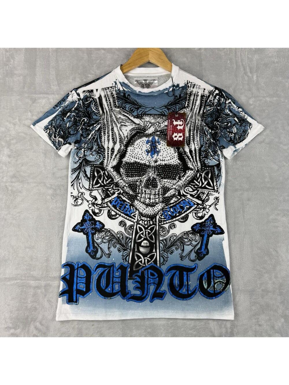 Punto Ocho Y2K Skull Rainstone Tee Tattoo Cross MMA Graphic Size S Goth VTG NWT